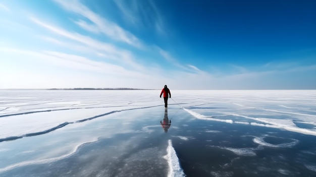 A man walks on a frozen lake in winter