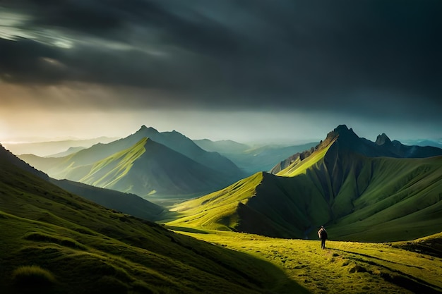 a man walks on a green mountain with a sunset behind him.