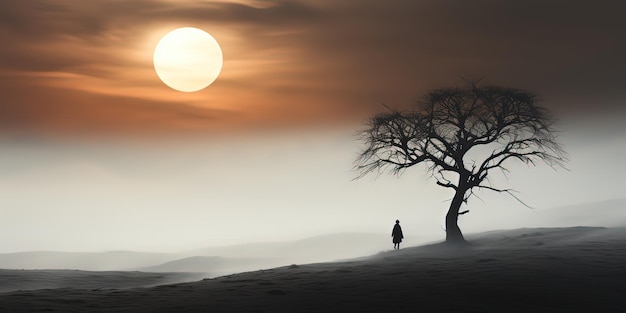 a man walks on a hill under a full moon.