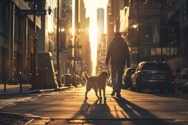 A man walks his dog down a city street