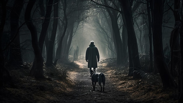 A man walks his dog through a dark forest with a light on the left side of him.