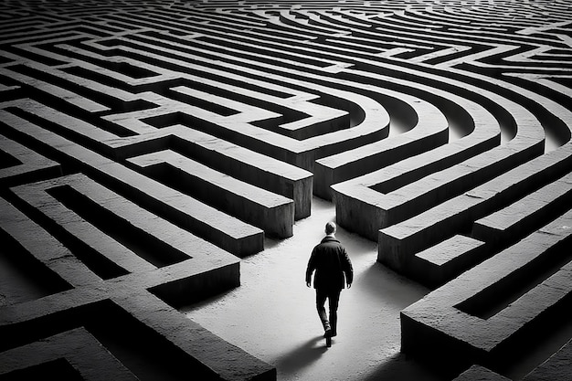 A man walks into a large labyrinth searching for a solution to a difficult problem AI