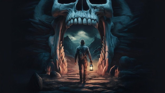 A man walks into a mysterious land with a giant skull in front of the entrance digital art style