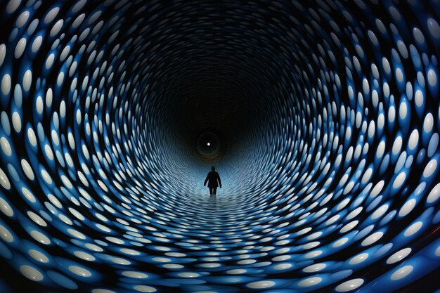 a man walks into a tunnel that has a blue light on it.