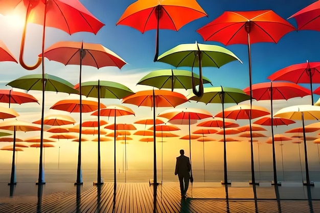 a man walks among many umbrellas in the sky.