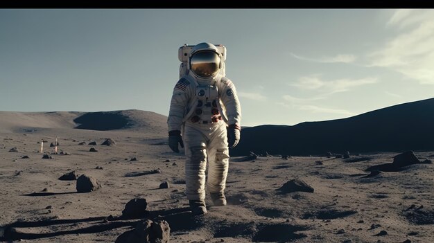 A man walks on the moon with a space suit on the ground.