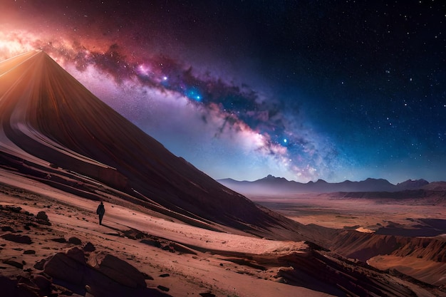 A man walks on a mountain with the milky way in the background.