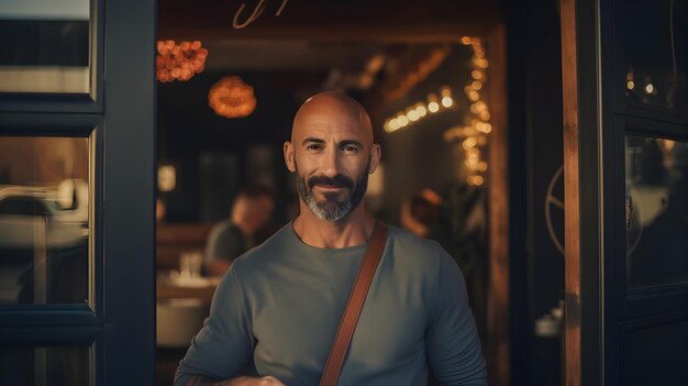 Photo man walks out door of restaurant