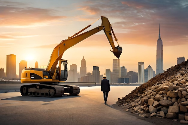 A man walks past a construction equipment with a city in the background.