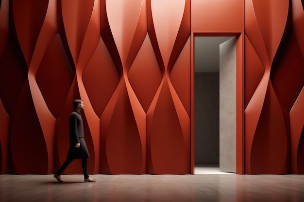 A man walks past a red wall with a large window in the middle.