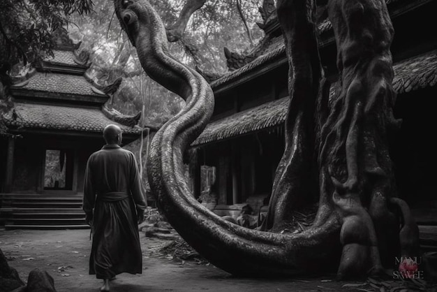 A man walks past a tree with the roots of the tree.