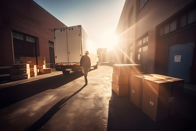 A man walks past a truck with boxes on the back