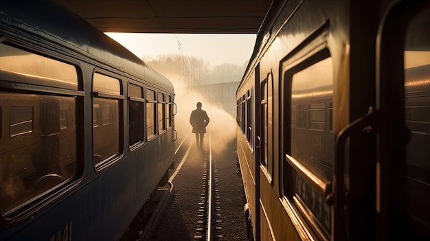 A man walks past two trains on a sunny day.