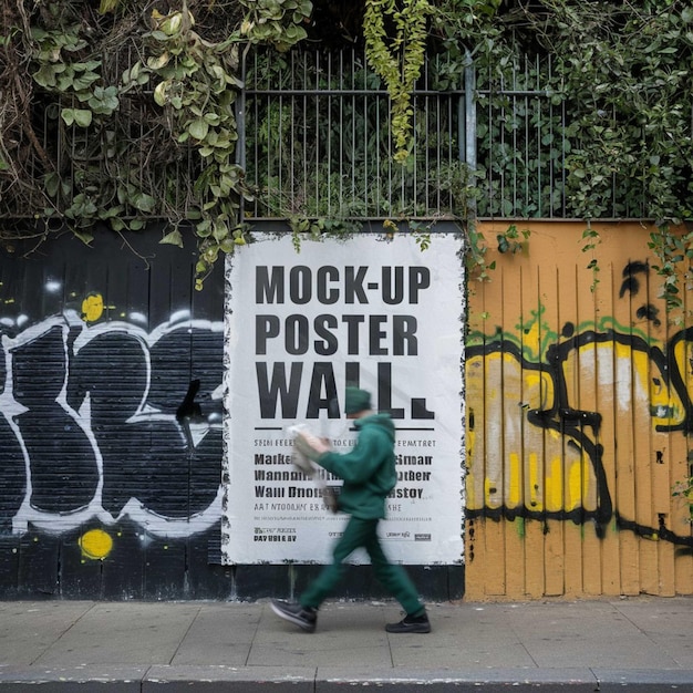 a man walks past a wall with a sign that says scrawled on it