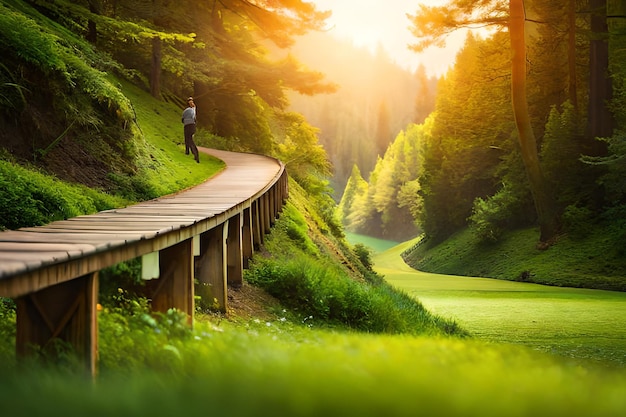 A man walks on a path in a forest