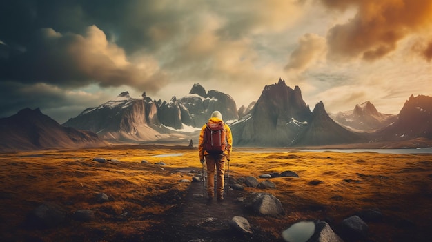 Photo a man walks on a path in a landscape with mountains in the background.