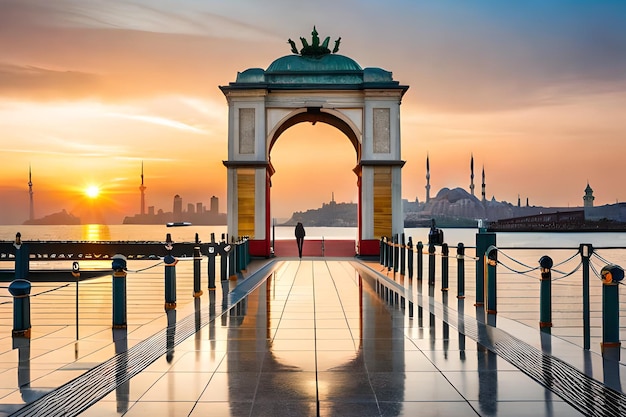 A man walks on a pier in front of a sunset.