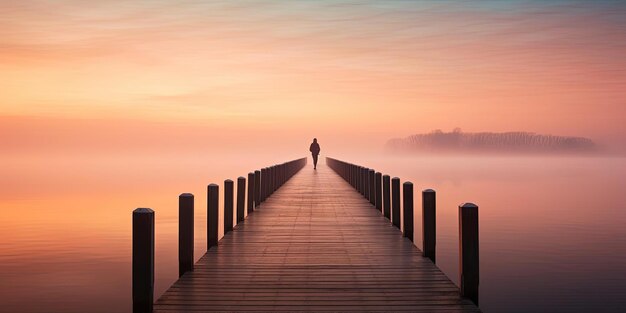 a man walks on a pier during the sunrise in the style of andreas levers