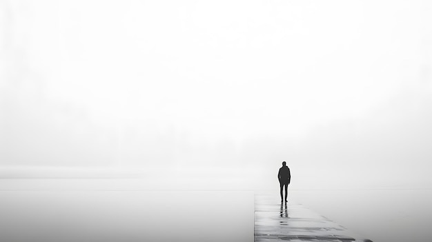 a man walks on a pier in the water