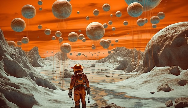 Photo a man walks on a planet with a red planet in the background