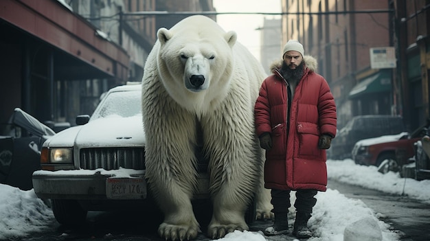 雪の中、シロクマの隣を歩く男性。