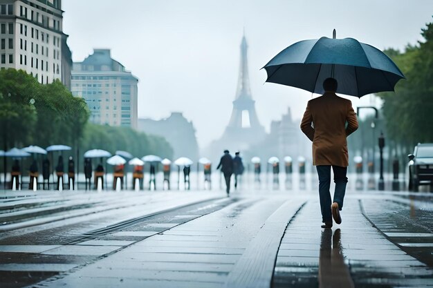 A man walks in the rain with an umbrella