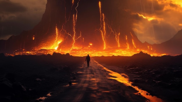 a man walks on the road through hell