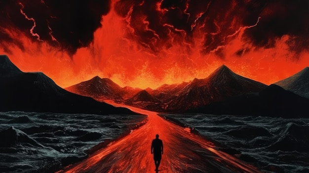 a man walks on the road through hell