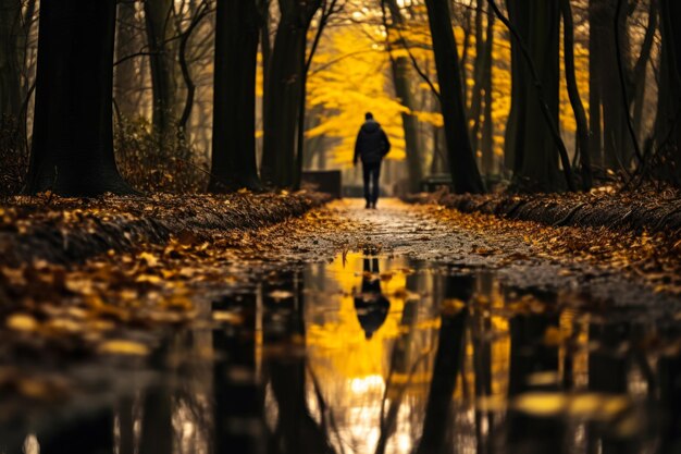 a man walks through an autumn park with golden foliage after the rain generative ai