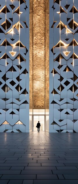 Photo a man walks through a building that has a design that says it is a man walking in front of it