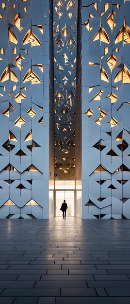 Photo a man walks through a building with a man in a suit in front of it