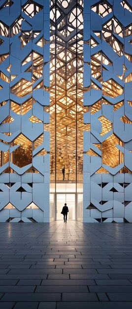 Photo a man walks through a building with a silhouette of a man walking in front