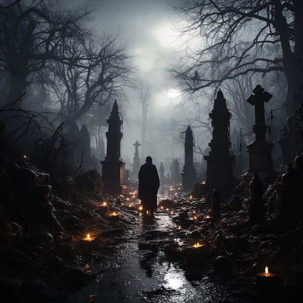 墓地を歩いている男が地面に光を放っています