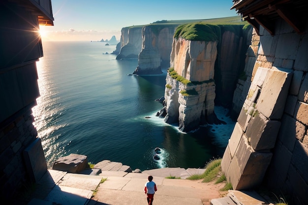 A man walks through a cliff with the sea below.