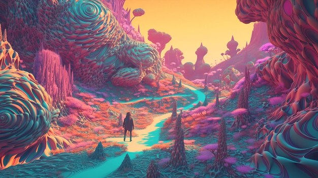 A man walks through a colorful, colorful, landscape with a large pink and blue planet.