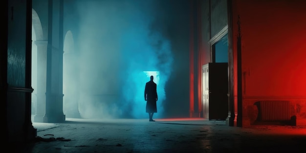 A man walks through a dark alley with a blue light behind him.