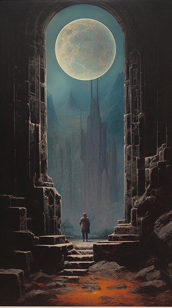 男性が暗い洞窟を歩き背景に月が映っています
