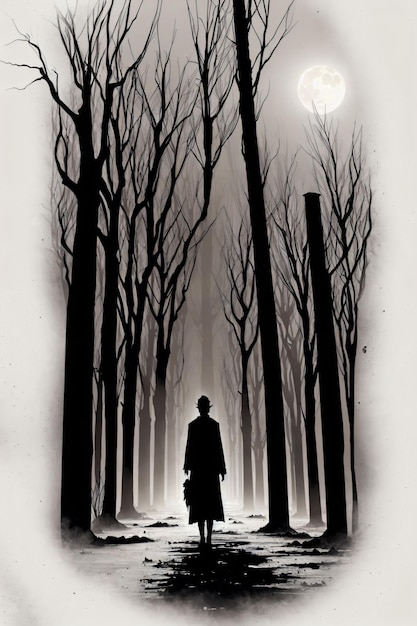 A man walks through a dark forest