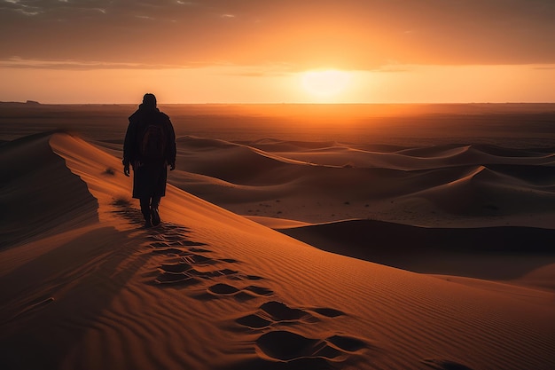 A man walks through the desert at sunset.