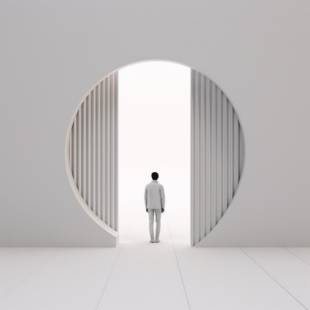 a man walks through a doorway with a circle in the middle