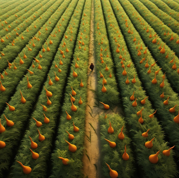 a man walks through a field of flowers with a man walking in it.