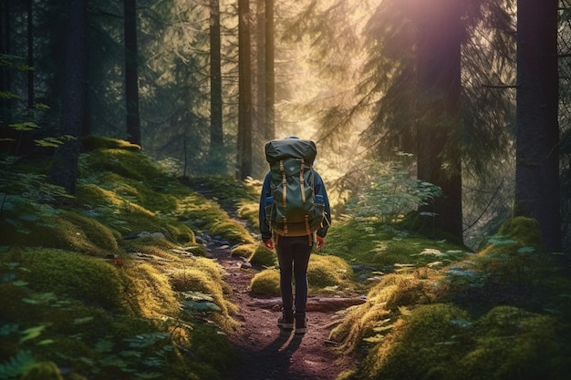 A man walks through a forest with a backpack on his back.