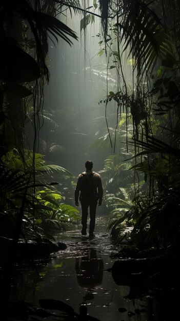 a man walks through a forest with a sign that says  the word  on it