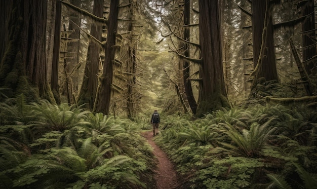 A man walks through a forest with the words pacific northwest on the left.