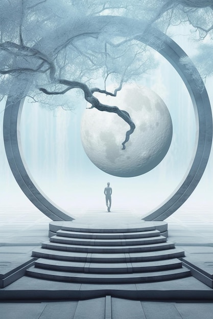 A man walks through a gate with a large moon in the background.