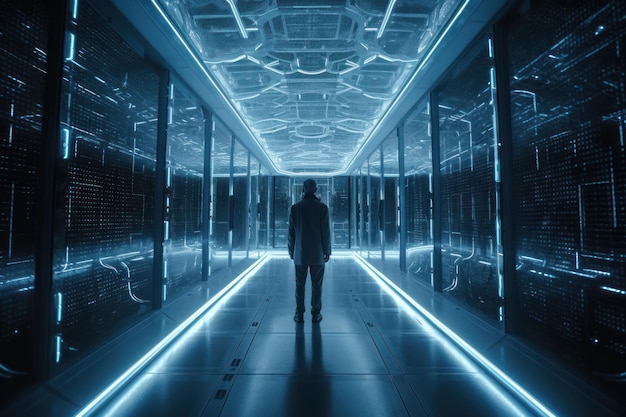 A man walks through a hallway with blue lights on the ceiling.