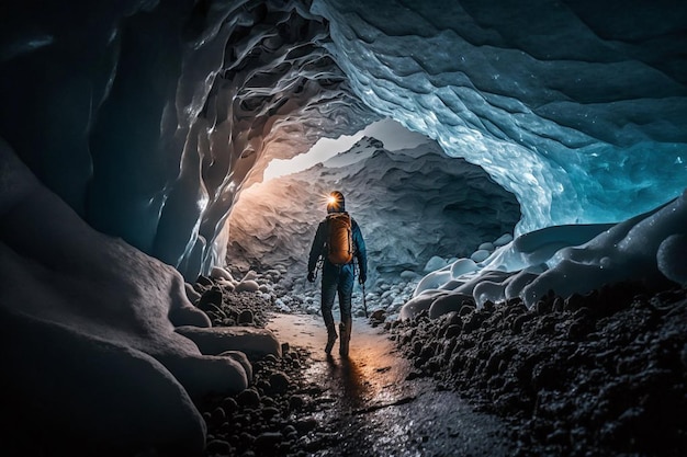 한 남자가 천장에 불이 켜져 있는 얼음 동굴을 걷고 있다