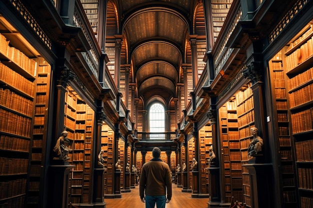 a man walks through a library with the bookshelves in the background.