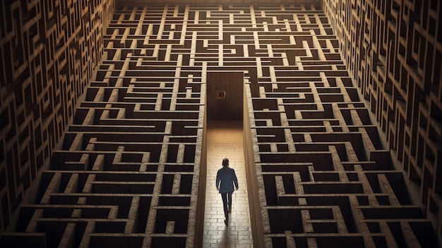 Photo a man walks through a maze with the word maze on the left.