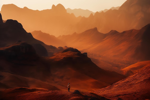 A man walks through the mountains in the desert.